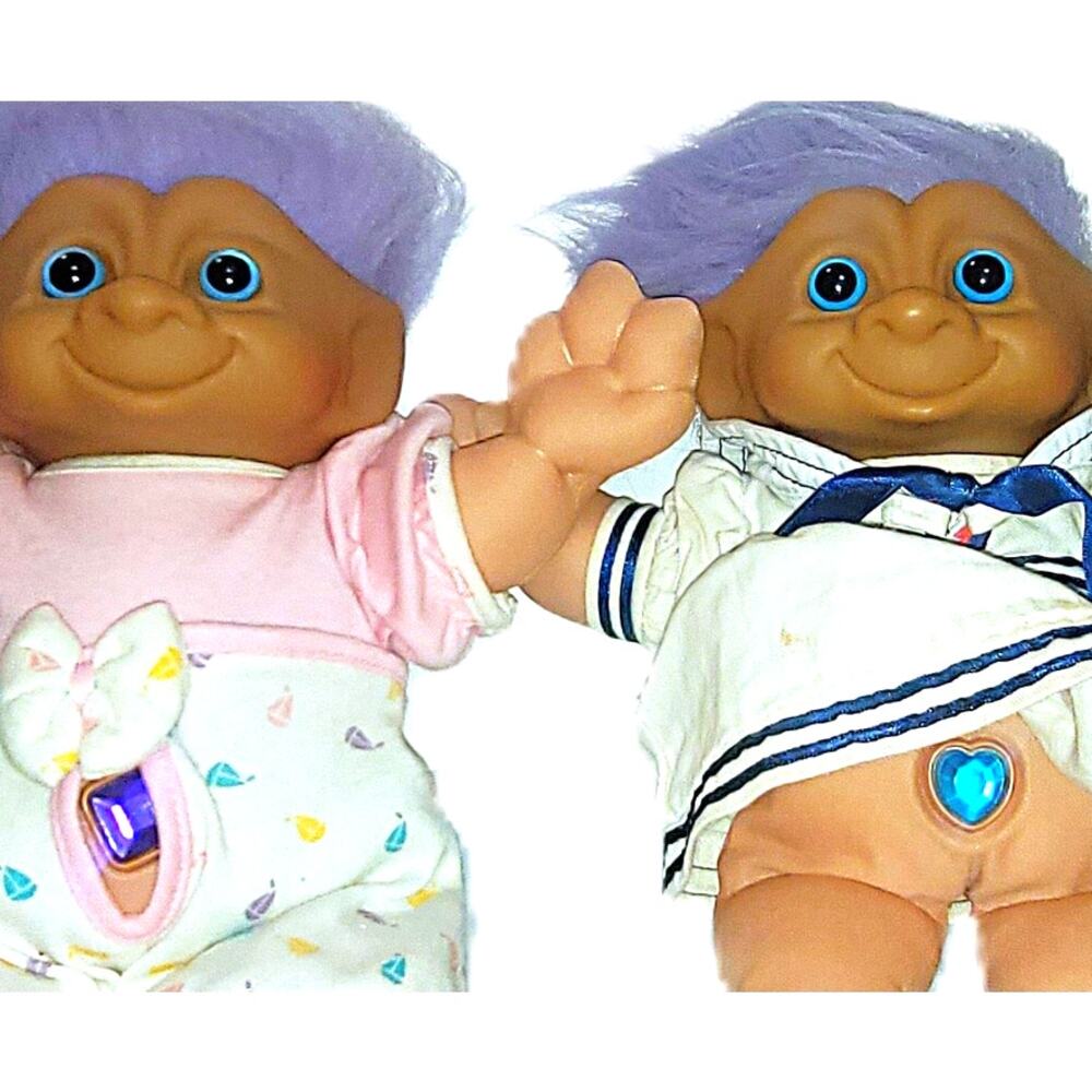 A Sister Duo of 12" Vintage Plush Treasure Troll Wishstone Belly Gem Dolls